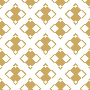 Kareler, çizgiler ve çizgilerle soyut geometrik desen. Kusursuz vektör arkaplanı. Beyaz ve altın süs. Modern grafik tasarımı.