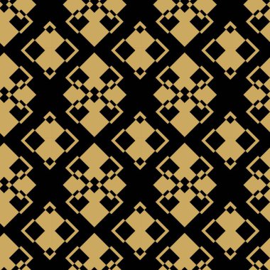 Kareler, çizgiler ve çizgilerle soyut geometrik desen. Kusursuz vektör arkaplanı. Siyah ve altın süs. Modern grafik tasarımı.