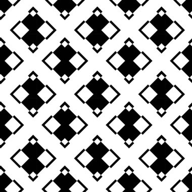 Kareler, çizgiler ve çizgilerle soyut geometrik desen. Kusursuz vektör arkaplanı. Beyaz ve siyah süs. Modern grafik tasarımı.