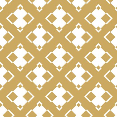 Kareler, çizgiler ve çizgilerle soyut geometrik desen. Kusursuz vektör arkaplanı. Beyaz ve altın süs. Modern grafik tasarımı.
