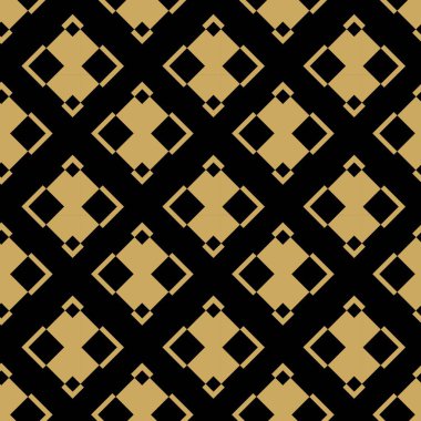Kareler, çizgiler ve çizgilerle soyut geometrik desen. Kusursuz vektör arkaplanı. Siyah ve altın süs. Modern grafik tasarımı.