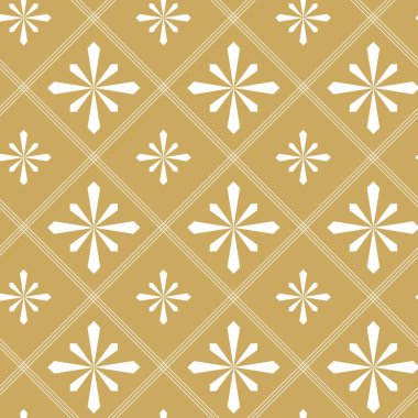 Haçlı, çizgili, çizgili soyut geometrik desen. Kusursuz vektör arkaplanı. Beyaz ve altın süs. Modern retiküle grafik tasarımı.