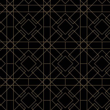 Haçlı, çizgili, çizgili soyut geometrik desen. Kusursuz vektör arkaplanı. Siyah ve altın süs. Modern retiküle grafik tasarımı.