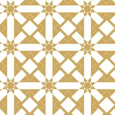 Haçlı, çizgili, çizgili soyut geometrik desen. Kusursuz vektör arkaplanı. Beyaz ve altın süs. Modern retiküle grafik tasarımı.