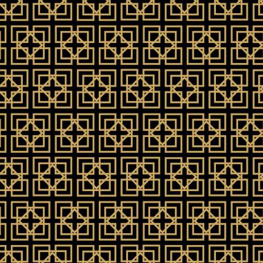 Haçlı, çizgili, çizgili soyut geometrik desen. Kusursuz vektör arkaplanı. Siyah ve altın süs. Modern retiküle grafik tasarımı.