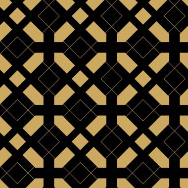 Haçlı, çizgili, çizgili soyut geometrik desen. Kusursuz vektör arkaplanı. Siyah ve altın süs. Modern retiküle grafik tasarımı.