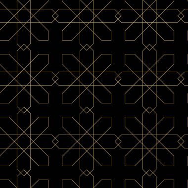 Haçlı, çizgili, çizgili soyut geometrik desen. Kusursuz vektör arkaplanı. Siyah ve altın süs. Modern retiküle grafik tasarımı.