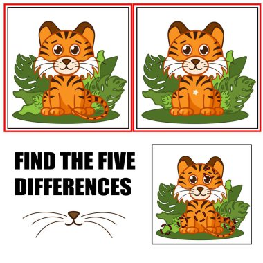 Farklılık bul, çocuklar için eğitim oyunu. Tatlı kaplan oturuyor..