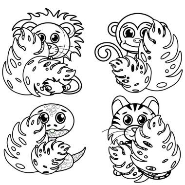 Çocuklar ve yetişkinler için boyama sayfası. Denizkızı boyama kitabı. Çizgi film sevimli hayvanlar Aslan, kaplan, maymun, yılan.