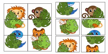 Çocuk Oyunu. Bir resim çek. Çocuklar için bulmaca eğitimi oyunu. Çizgi film sevimli hayvanlar Aslan, kaplan, maymun, yılan.