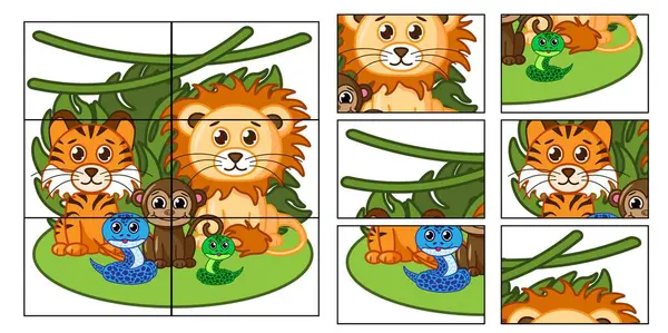 Çocuk Oyunu. Bir resim çek. Çocuklar için bulmaca eğitimi oyunu. Çizgi film sevimli hayvanlar Aslan, kaplan, maymun, yılan.