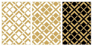 Haçlı desenler, çizgiler, çizgiler. Kusursuz vektör arkaplanı. Beyaz, altın ve siyah süs. Modern retiküle grafik tasarımı.