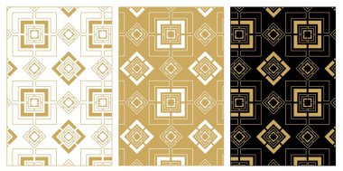 Haçlı desenler, çizgiler, çizgiler. Kusursuz vektör arkaplanı. Beyaz, altın ve siyah süs. Modern retiküle grafik tasarımı.