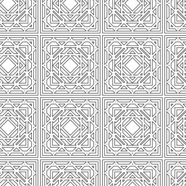 Haçlı, çizgili, çizgili soyut geometrik desen. Kusursuz vektör arkaplanı. Beyaz ve siyah süs. Modern retiküle grafik tasarımı.