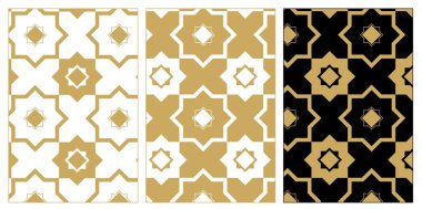 Haçlı desenler, çizgiler, çizgiler. Kusursuz vektör arkaplanı. Beyaz, altın ve siyah süs. Modern retiküle grafik tasarımı.