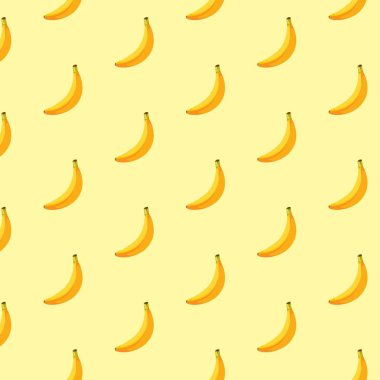 Sarı arka planda muz pürüzsüz desen. Paket kağıdı, hediye kartı, poster, afiş tasarımı. Ev dekorasyonu, modern tekstil baskısı. Yazın parlak geometrik meyveler desenli.