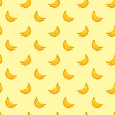 Sarı arka planda muz pürüzsüz desen. Paket kağıdı, hediye kartı, poster, afiş tasarımı. Ev dekorasyonu, modern tekstil baskısı. Yazın parlak geometrik meyveler desenli.