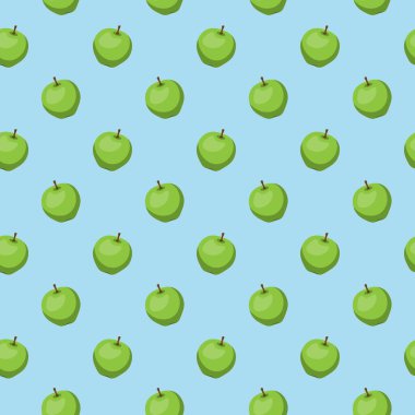Mavi arkaplanda elmanın düz bir deseni var. Paket kağıdı, hediye kartı, poster, afiş tasarımı. Ev dekorasyonu, modern tekstil baskısı. Yazın parlak geometrik meyveler desenli.