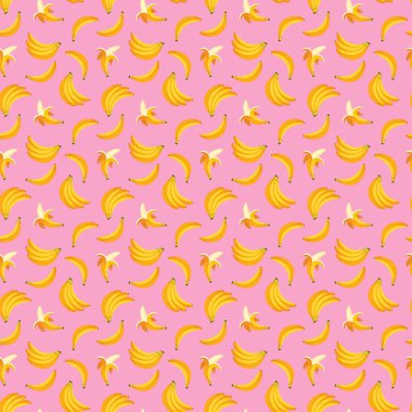 Pembe arka planda muz pürüzsüz desen. Paket kağıdı, hediye kartı, poster, afiş tasarımı. Ev dekorasyonu, modern tekstil baskısı. Yazın parlak geometrik meyveler desenli.