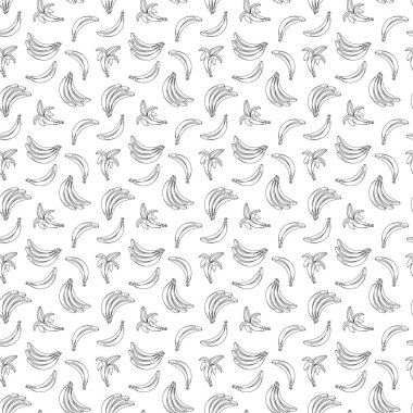 Beyaz arka planda muz ana hatları kusursuz desen. Paket kağıdı, hediye kartı, poster, afiş tasarımı. Ev dekorasyonu, modern tekstil baskısı. Yazın parlak geometrik meyveler desenli.