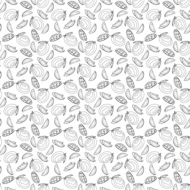 Mango, beyaz arka planda pürüzsüz bir desen çiziyor. Paket kağıdı, hediye kartı, poster, afiş tasarımı. Ev dekorasyonu, modern tekstil baskısı. Yazın parlak geometrik meyveler desenli.