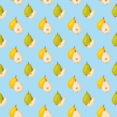Kusursuz desenli, sarı ve yeşil armutlu mavi arka plan. Meyve arkaplanı. Paket kağıdı, hediye kartı, poster, afiş tasarımı. Ev dekorasyonu, modern tekstil baskısı. Yazın parlak geometrik meyveler desenli.