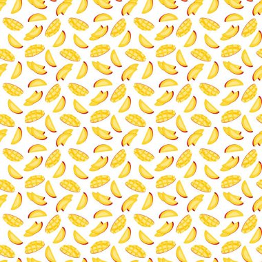 Beyaz arka planda düz mango deseni. Paket kağıdı, hediye kartı, poster, afiş tasarımı. Ev dekorasyonu, modern tekstil baskısı. Yazın parlak geometrik meyveler desenli.