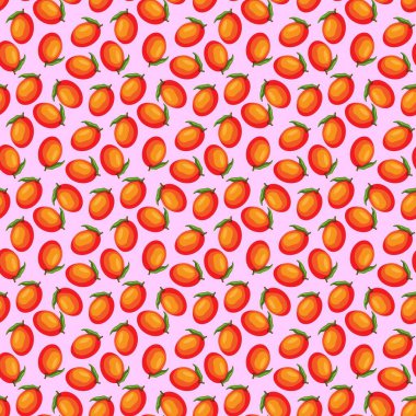 Pembe arka planda düz bir mango deseni var. Paket kağıdı, hediye kartı, poster, afiş tasarımı. Ev dekorasyonu, modern tekstil baskısı. Yazın parlak geometrik meyveler desenli.