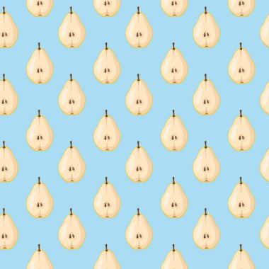 Mavi zemin üzerinde armut olan kusursuz desen. Meyve arkaplanı. Paket kağıdı, hediye kartı, poster, afiş tasarımı. Ev dekorasyonu, modern tekstil baskısı. Yazın parlak geometrik meyveler desenli.