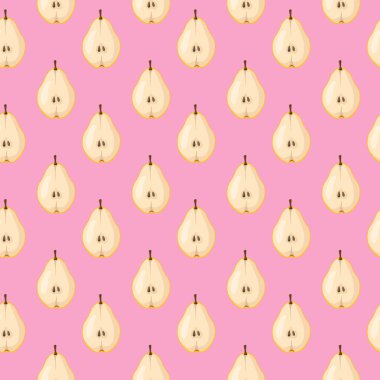 Pembe arka planda armut olan kusursuz bir desen. Meyve arkaplanı. Paket kağıdı, hediye kartı, poster, afiş tasarımı. Ev dekorasyonu, modern tekstil baskısı. Yazın parlak geometrik meyveler desenli.