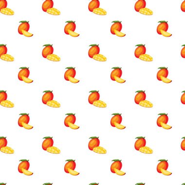 Beyaz arka planda düz mango deseni. Paket kağıdı, hediye kartı, poster, afiş tasarımı. Ev dekorasyonu, modern tekstil baskısı. Yazın parlak geometrik meyveler desenli.