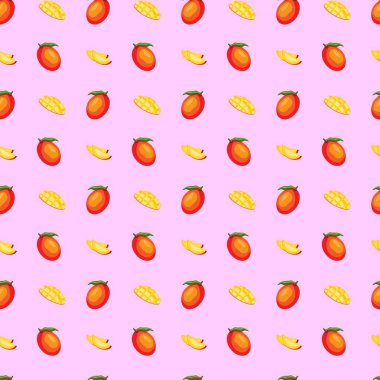 Pembe arka planda düz bir mango deseni var. Paket kağıdı, hediye kartı, poster, afiş tasarımı. Ev dekorasyonu, modern tekstil baskısı. Yazın parlak geometrik meyveler desenli.