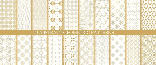 Beyaz zemin üzerinde çizgiler ve çizgiler olan 20 soyut geometrik desen seti. Kusursuz bir vektör arka planı. Grafiksel modern model. Beyaz ve altın desenli.