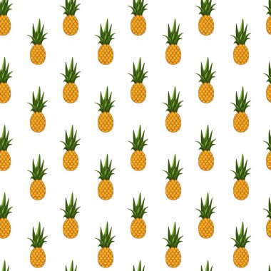 Beyaz arka planda ananassız desen. Paket kağıdı, hediye kartı, poster, afiş tasarımı. Ev dekorasyonu, modern tekstil baskısı. Yazın parlak geometrik meyveler desenli.