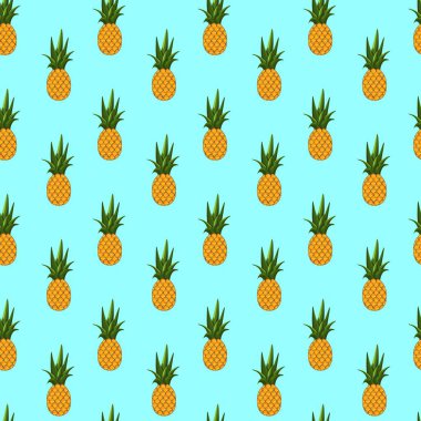 Mavi arka planda ananassız desen. Paket kağıdı, hediye kartı, poster, afiş tasarımı. Ev dekorasyonu, modern tekstil baskısı. Yazın parlak geometrik meyveler desenli.