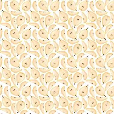 Beyaz zemin üzerinde armut olan kusursuz desen. Meyve arkaplanı. Paket kağıdı, hediye kartı, poster, afiş tasarımı. Ev dekorasyonu, modern tekstil baskısı. Yazın parlak geometrik meyveler desenli.