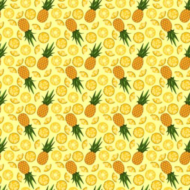 Sarı arka planda ananaslı, pürüzsüz desen. Paket kağıdı, hediye kartı, poster, afiş tasarımı. Ev dekorasyonu, modern tekstil baskısı. Yazın parlak geometrik meyveler desenli.