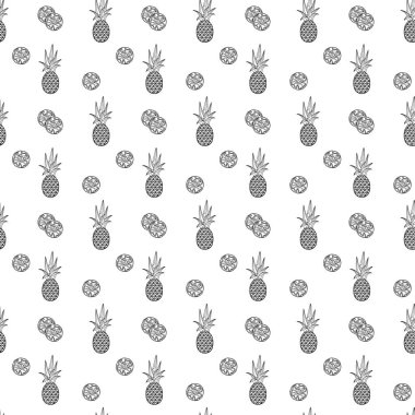 Beyaz arka planda ananas ana hatları pürüzsüz. Paket kağıdı, hediye kartı, poster, afiş tasarımı. Ev dekorasyonu, modern tekstil baskısı. Yazın parlak geometrik meyveler desenli.
