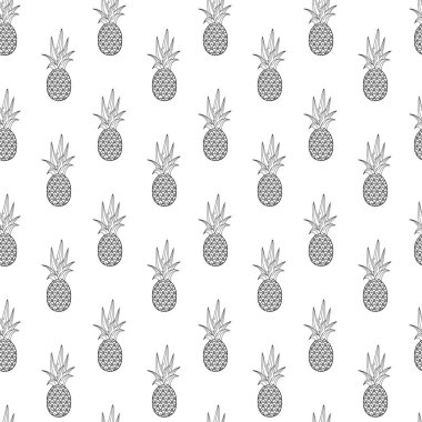 Beyaz arka planda ananas ana hatları pürüzsüz. Paket kağıdı, hediye kartı, poster, afiş tasarımı. Ev dekorasyonu, modern tekstil baskısı. Yazın parlak geometrik meyveler desenli.