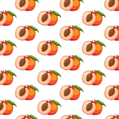 Beyaz arkaplanda şeftali gibi düz bir desen var. Paket kağıdı, hediye kartı, poster, afiş tasarımı. Ev dekorasyonu, modern tekstil baskısı. Yazın parlak geometrik meyveler desenli.