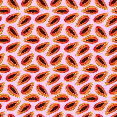Pembe arka planda Papaya düz, pürüzsüz desen. Paket kağıdı, hediye kartı, poster, afiş tasarımı. Ev dekorasyonu, modern tekstil baskısı. Yazın parlak geometrik meyveler desenli.