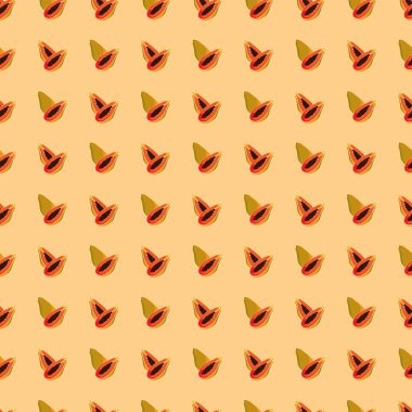 Turuncu arka planda Papaya düz, pürüzsüz desen. Paket kağıdı, hediye kartı, poster, afiş tasarımı. Ev dekorasyonu, modern tekstil baskısı. Yazın parlak geometrik meyveler desenli.