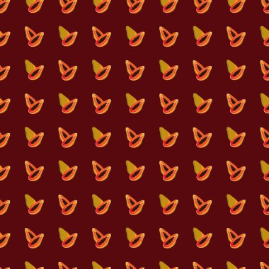 Kırmızı arka planda Papaya düz, pürüzsüz desen. Paket kağıdı, hediye kartı, poster, afiş tasarımı. Ev dekorasyonu, modern tekstil baskısı. Yazın parlak geometrik meyveler desenli.