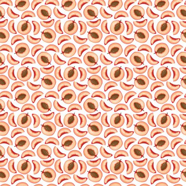 Beyaz arkaplanda şeftali gibi düz bir desen var. Paket kağıdı, hediye kartı, poster, afiş tasarımı. Ev dekorasyonu, modern tekstil baskısı. Yazın parlak geometrik meyveler desenli.