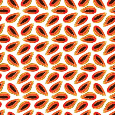 Beyaz arka planda Papaya düz bir desen var. Paket kağıdı, hediye kartı, poster, afiş tasarımı. Ev dekorasyonu, modern tekstil baskısı. Yazın parlak geometrik meyveler desenli.