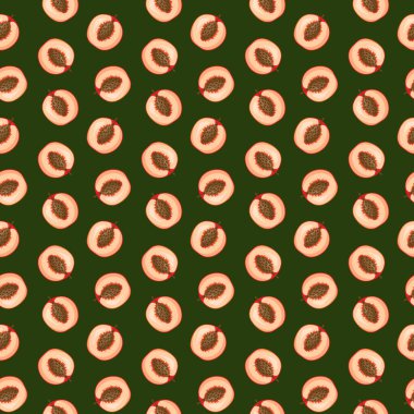 Yeşil arka planda şeftali rengi düz, pürüzsüz desen. Paket kağıdı, hediye kartı, poster, afiş tasarımı. Ev dekorasyonu, modern tekstil baskısı. Yazın parlak geometrik meyveler desenli.