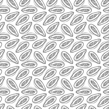 Papaya beyaz arka planda pürüzsüz bir desen çiziyor. Paket kağıdı, hediye kartı, poster, afiş tasarımı. Ev dekorasyonu, modern tekstil baskısı. Yazın parlak geometrik meyveler desenli.