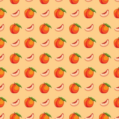 Turuncu arka planda şeftali rengi düz, pürüzsüz desen. Paket kağıdı, hediye kartı, poster, afiş tasarımı. Ev dekorasyonu, modern tekstil baskısı. Yazın parlak geometrik meyveler desenli.