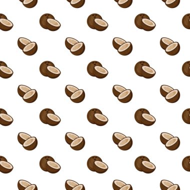 Beyaz arka planda hindistan cevizi düz, dikişsiz desen. Paket kağıdı, hediye kartı, poster, afiş tasarımı. Ev dekorasyonu, modern tekstil baskısı. Yazın parlak geometrik meyveler desenli.