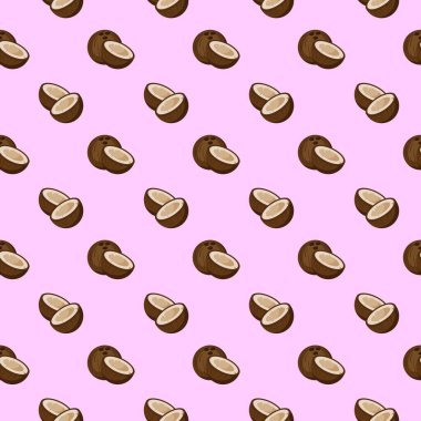 Pembe arka planda hindistan cevizi düz, pürüzsüz desen. Paket kağıdı, hediye kartı, poster, afiş tasarımı. Ev dekorasyonu, modern tekstil baskısı. Yazın parlak geometrik meyveler desenli.